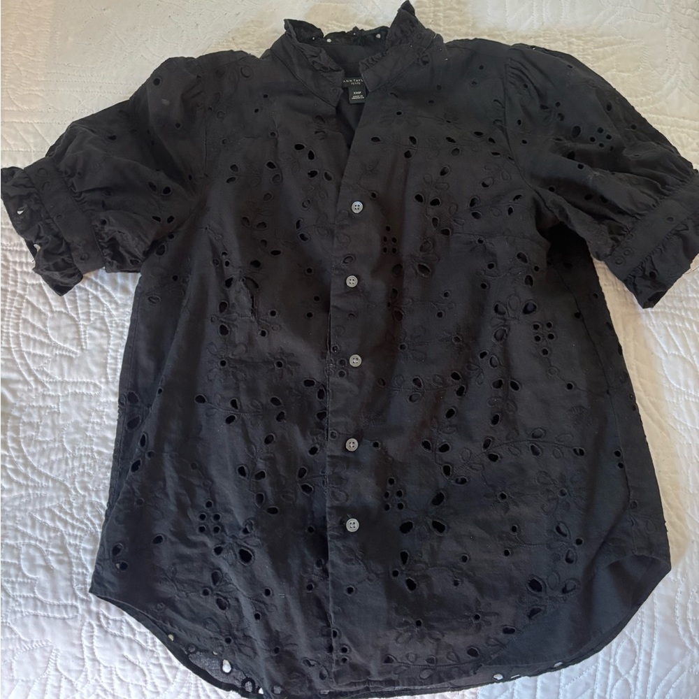 Ann Taylor Black Eyelet Ruffle Blouse
